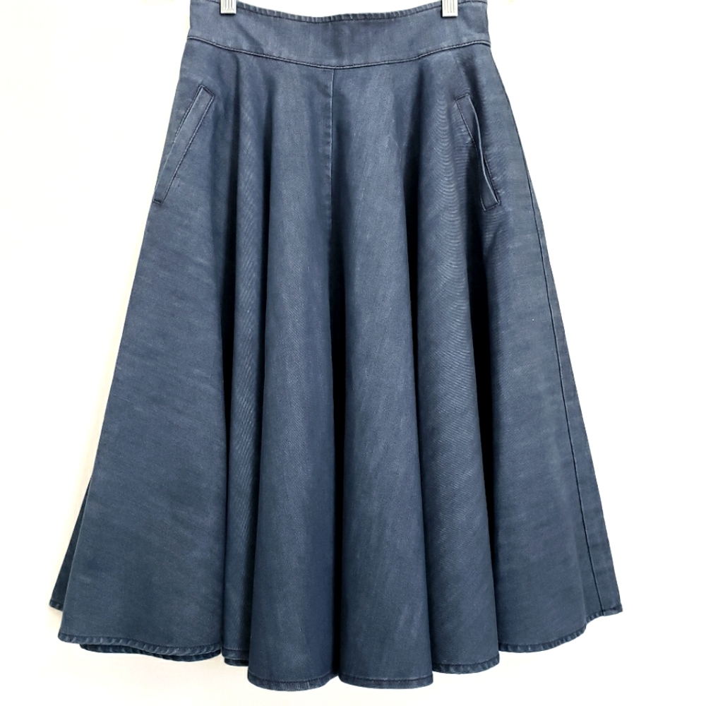Amass Medium Dark Wash Denim Full Circle Midi Skirt With Pockets